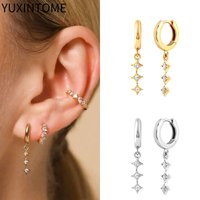 925 Sterling Silver Ear Needle Star Long Pendant Earrings for Women Fashion Round White Crystal Hoop Earrings Luxury Jewelry