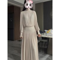 Elegant Simple Long Dress Pure Desire Style High Waist A-Line Silky Smooth Fabric Wear Resistant Long Sleeve Overhead Dress