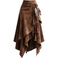 Women's Long Autumn Skirts Caramel Mid-Length Asymmetrical Belted Slimming A-Line Skirts Vintage Style Polyester Fabric
