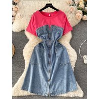 Korean Style round Neck Short Sleeve Denim Long Dress Women's High Waist A-Line Skirt Fake Two-Piece Spring Summer Autumn