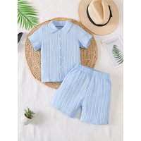 Boys Summer Casual Solid Color Collared Open Front Short Sleeve Outfit Set