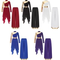 Womens Liturgical Lyrical Dress Worship Praise Dance Costume Outfit Long Sleeve Dress with Wide Leg Pants Chior Church Dancewear