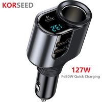New Car Charger Lighter Adapter 4 in 1 Car Cigarette Splitter Type C Dual USB Ports Voltage Display 127W Fit for Auto Outlet
