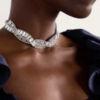 Luxury Sparkling Geometric Crystal Choker Necklaces for Women Trendy Weave Rhinestone Short Necklaces Statement Party Jewelry