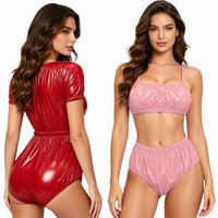 Womens Metallic Glossy Bikini Swimsuit Two Pieces Swimming Suit No-pad No-wire Bra Top And High Waisted Briefs Swimwear Clubwear