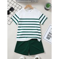 2pcs Boys Summer Casual Striped round Neck Short Sleeve T-Shirt And Shorts Set Suitable for Daily Casual Wear Outdoor Vacation