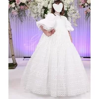 Robe à Fleurs en Dentelle Blanche à Demi-Manches pour Fille, Tenue de Mariage, Manches Bouffantes, Ballon, Concours, Anniversaire, Col Haut