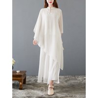 Elegant Chinoiserie Zen Tea Costume Fairy Atmosphere Women's Asymmetrical Stand Collar Button up Shirt Wide Leg Pants Silk Set