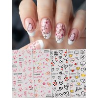 Sweet Heart & Cherry Blossom Nail Stickers, Pink Black Contrast Color Floral Decals, DIY Manicure Decor for Valentine's Day, Spr