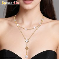 LENNIK Lucky Pearl Four-Leaf Clover Necklace, Titanium Steel Double Tassel Trendy Design, Perfect for Birthday/Anniversary,