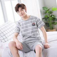 Men's Summer Pyjamas Set: Short-Sleeved Top and Shorts Youthful Student Style with Cartoon Stripes Summer Loungewear Set