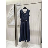 Premium Denim Midi Dress V Neck Sleeveless High Waist A Line Vintage Blue Casual Elegant Everyday