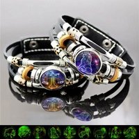 12 Constellation Zodiac Bracelet - Leather Snap Button Glass Beads, Personalized Astrology Bracelet for Men & Women