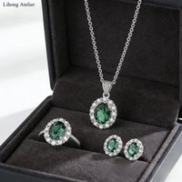 Fashionable Retro 925 Sterling Silver Emerald Zircon Ring Pendant Necklace Earring Set