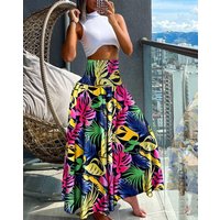 Women's High Waist Elastic Waistband Long Skirt Bohemian Style Geometric Print Flowy Maxi Skirt Summer Beach Skirt