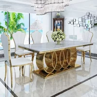 Contemporary Rectangular Marble Top Dining Table Set 6 Chairs Stainless Steel Dining Tables