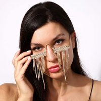 Fashion Tassel Half Metal Glasses Frames for Women Y2K Rhinestone Crystal Face Chain Jewelry Kpop Style No Lens Eyewear