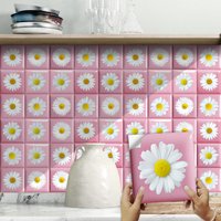 10pcs Daisy Floral Decoration Style Tiles Sticker Kitchen Backsplash Oil-proof Cupboard Waterproof Peel & Stick Art Wall Decals