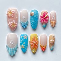 10pcs Beach Style Press On Nails Handmade Gradient Blue French Almond False Nails 3D Relief Flower Decor Summer Ocean Fake Nail