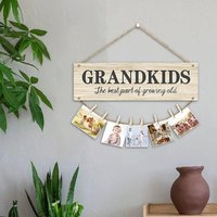 Rustic Farmhouse Wooden Grandkids Photo Display Sign Wall Hanging with Clips String Lovely Gift for Grandparents Family Decor