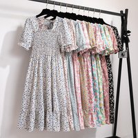 Sommer Plissee Frauen Chiffon Kleider Casual Strand Urlaub Kurzarm Quadrat Kragen Frau Midi Kleid Böhmischen Mujer Vestidos