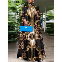 VONDA Elegant Women Maxi Sundress Stand Collar Sexy Sleeveless Bohemian Printed Long Dress Casual Loose Bat Sleeve Party Robe