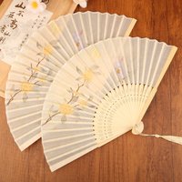 Bamboo Chinese Style Folding Fan Vintage Silk Folding Fan Shank Classical Dance Fan Tassel Elegent Female Hand Fan Home Decor