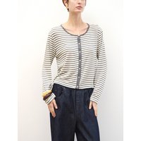 Women Acetate Linen Lightweight Cardigan,Spring Summer Lyocell Round Neck Single Breasted Buttoned Striped Top