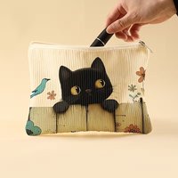 Cute Little Black Cat Pattern Printed Corduroy Makeup Bag - Lightweight Zippered Lined Cosmetic Bag, Multifunctional Makeup Organizer Bag, Suitable for Toiletries and Accessories