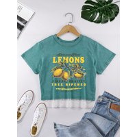 Premium Fresh Lemons Prints Cotton Crop Tees Fashion Summer Lace Hem Washed T-Shirts Regular Fit Distressed Tops Casual Clothes