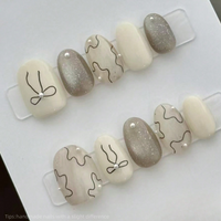 10pcs Handmade Brown Gold Line Stripe Press On Nails Short Full Cover Sweet bow Wearable Reusable Fashion Fake Nails 2026