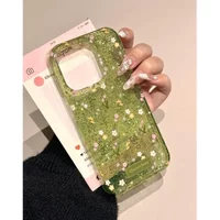 Luxurious green floral sequin case suitable for iPhone 11 12 13 14 15 16 Pro Max cartoon phone case protective cover
