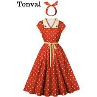 Tonval Embroidered Contrast Collar Buttons Front Summer Dress with Headwear Vintage Polka Dot Women Elegant Pockets Long Dresses