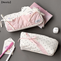 Polka Dot Bow Pencil Case White With Pink Accessories Large Capacity Zipper Pencil Bag Student Stationery School Supplies〔Nest〕