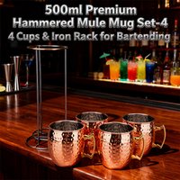 4PCS 500ml Moscow Mule Mugs Set with Iron Rack–304 Stainless Steel Hammered Copper Cups for Cocktails, Beer, Whiskey Drinkware