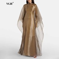 VGH Luxury Fashion Khaki Sheer High Neck Maxi Dress for Women Cape Design Metallic Finish Skirt for Formal Middle Eastern Events