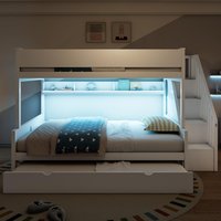 Full XL/Queen Stairway Bunk Bed LED Light Shelves Trundle Storage Stairs Kids Teens Adults Space Saving White Custom