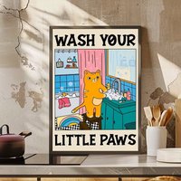 Canvas Posters Modern Art Wash Little PAWS Fun Cat Posters Printed Art Canvas Paintings Kitchen Corridor Walls Home Decoration
