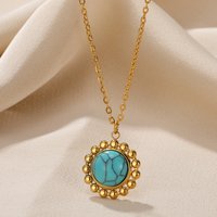 Stainless Steel Natural Stone Pendant Necklace For Women Vintage Round Turquoise Charms Chain Fashion Jewelry Gift