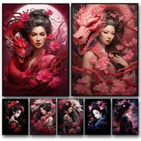 Vintage Japanese Geisha Woman Girls Samurai Sword Dragon Art Poster Canvas Painting Wall Prints Picture for Living Room Decor