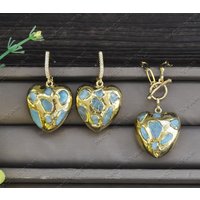 MTC·STAR Z13023 32mm Natural Electroplated Blue Aquamarine Larimar Heart Shaped Chain Pendant Earring