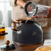 【SSummer10】Whistling Food Grade Stainless Steel Tea Kettle - Stove Top Pot with Wood Pattern Folding Handle Loud Whistle【SS】