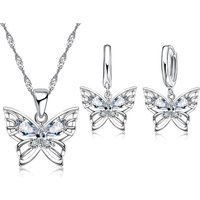 New Fashion 925 Sterling Silver Color Jewelry Sets Shining Austrian Crystal Inlaid Butterfly Wedding Pendant Necklace Earrings