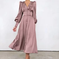 2026 Fashion V Neck Elegant Court Vintage Front Button Midi Dress Satin Party Lantern Long Sleeve Chice Female Solid Vertidos
