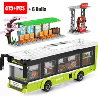City Traffic Car Green Blue Passenger Bus Station Single-Deck Public Set Figures Model Building Blocks DIY Toys for Gifts