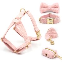 Pink Teddy Fleece Personalized Dog Collar and Leash Set Custom Engraved Name Dog Harness with Lead Poop Bag Cute Luxury Gift Set