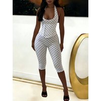 Chic Summer Print Polka Dot Slim Elastic Jumpsuit Women Halter Backless Bandage Playsuits Rompers Beach Vacation Capri Pants