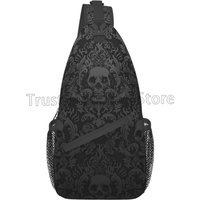 Vintage Black Gothic Skull Damask Sling Bag Crossbody Shoulder Bag Casual Sling Backpack Chest Bag Travel Sports Hiking Daypack