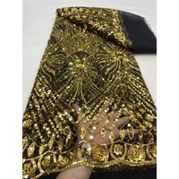Luxury Black Gold Sequins Tube Beads Lace Fabric For Wedding 2025 New Design French African Tulle Sequins Lace For Evening Dress