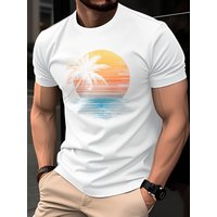 Retro Gradient Sunset Palm Tree Beach Print on Premium Soft 100% Cotton Mens T Shirt Perfect for Summer Vacation Casual Style